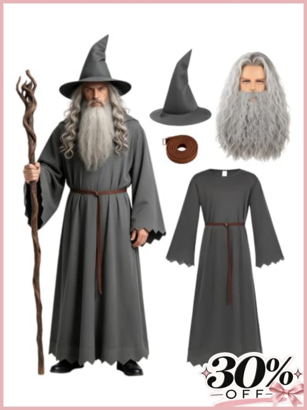 Men's Wizard Halloween Costume Set Robe Hat Belt Wig Beard Cosplay